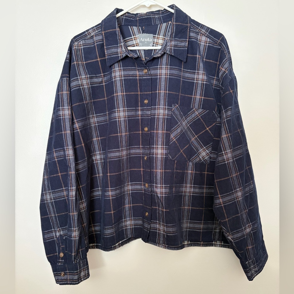 NWT 100% Cotton Corduroy Navy Blue Plaid Button Up Shirt